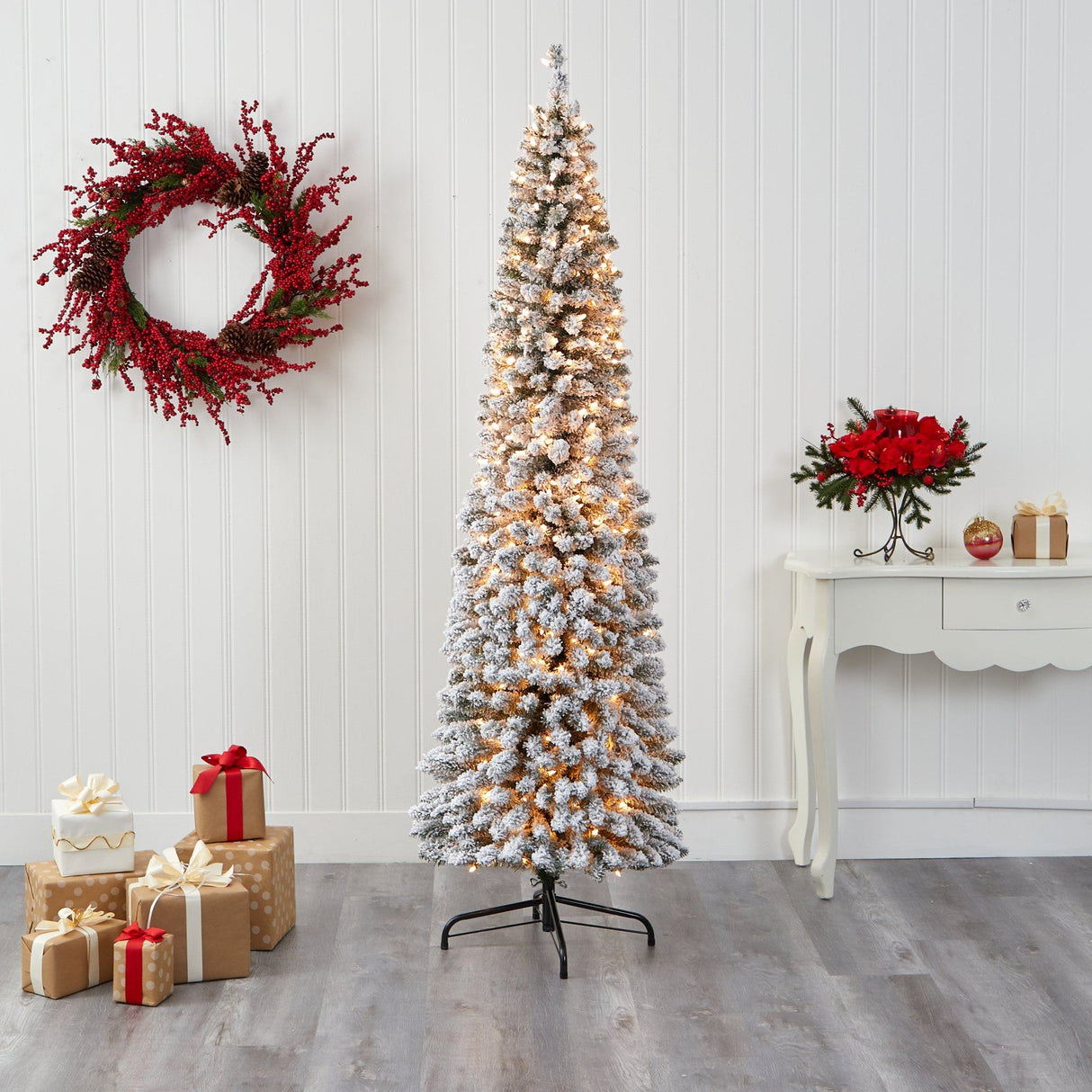 7’ Flocked Pencil Artificial Christmas Tree with 400 Clear Lights and 574 Bendable Branches-Christmas Tree-Parc Decor