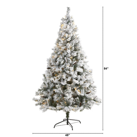 7' Flocked White River Mountain Pine Artificial Christmas Tree with Pinecones and 350 LED Lights-Christmas Tree-Parc Decor