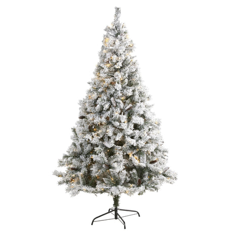 7' Flocked White River Mountain Pine Artificial Christmas Tree with Pinecones and 350 LED Lights-Christmas Tree-Parc Decor