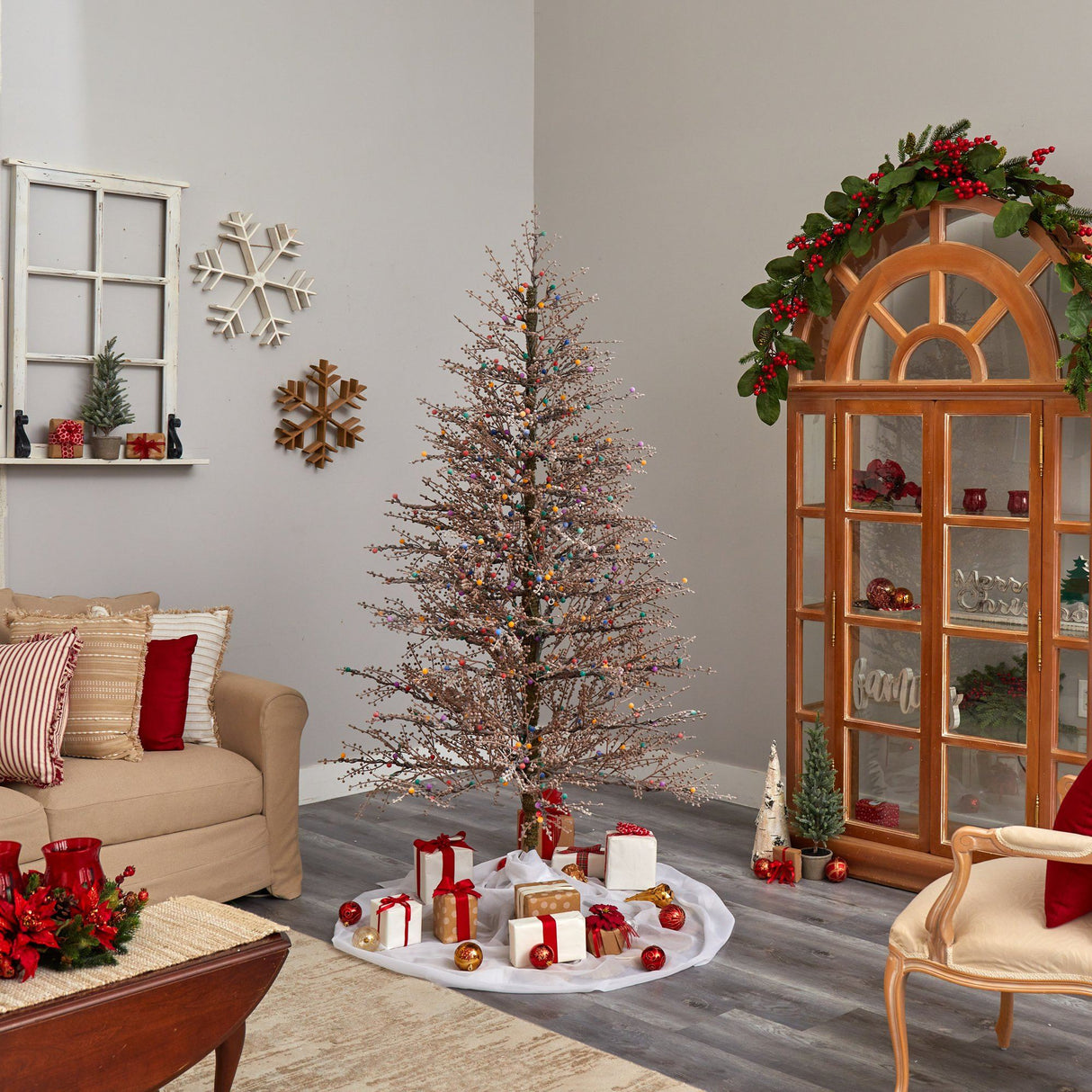 7' Frosted Berry Twig Christmas Tree with 450 Multicolored Gum Ball LED Lights and 1192 Bendable Branches-Christmas Tree-Parc Decor