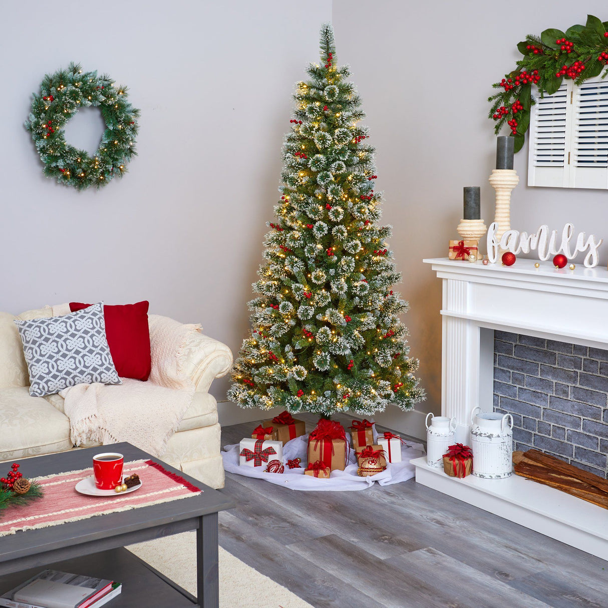 7’ Frosted Swiss Pine Artificial Christmas Tree with 400 Clear LED Lights and Berries-Christmas Tree-Parc Decor