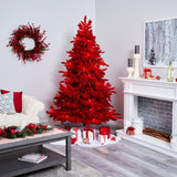 7' Red Flocked Fraser Fir Artificial Christmas Tree with 500 Red Lights, 40 Globe Bulbs and 1039 Bendable Branches-Christmas Tree-Parc Decor