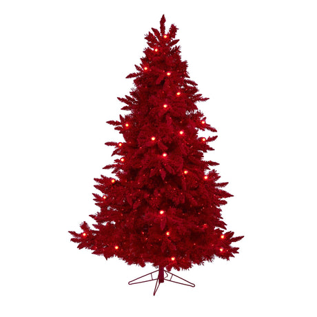 7' Red Flocked Fraser Fir Artificial Christmas Tree with 500 Red Lights, 40 Globe Bulbs and 1039 Bendable Branches-Christmas Tree-Parc Decor