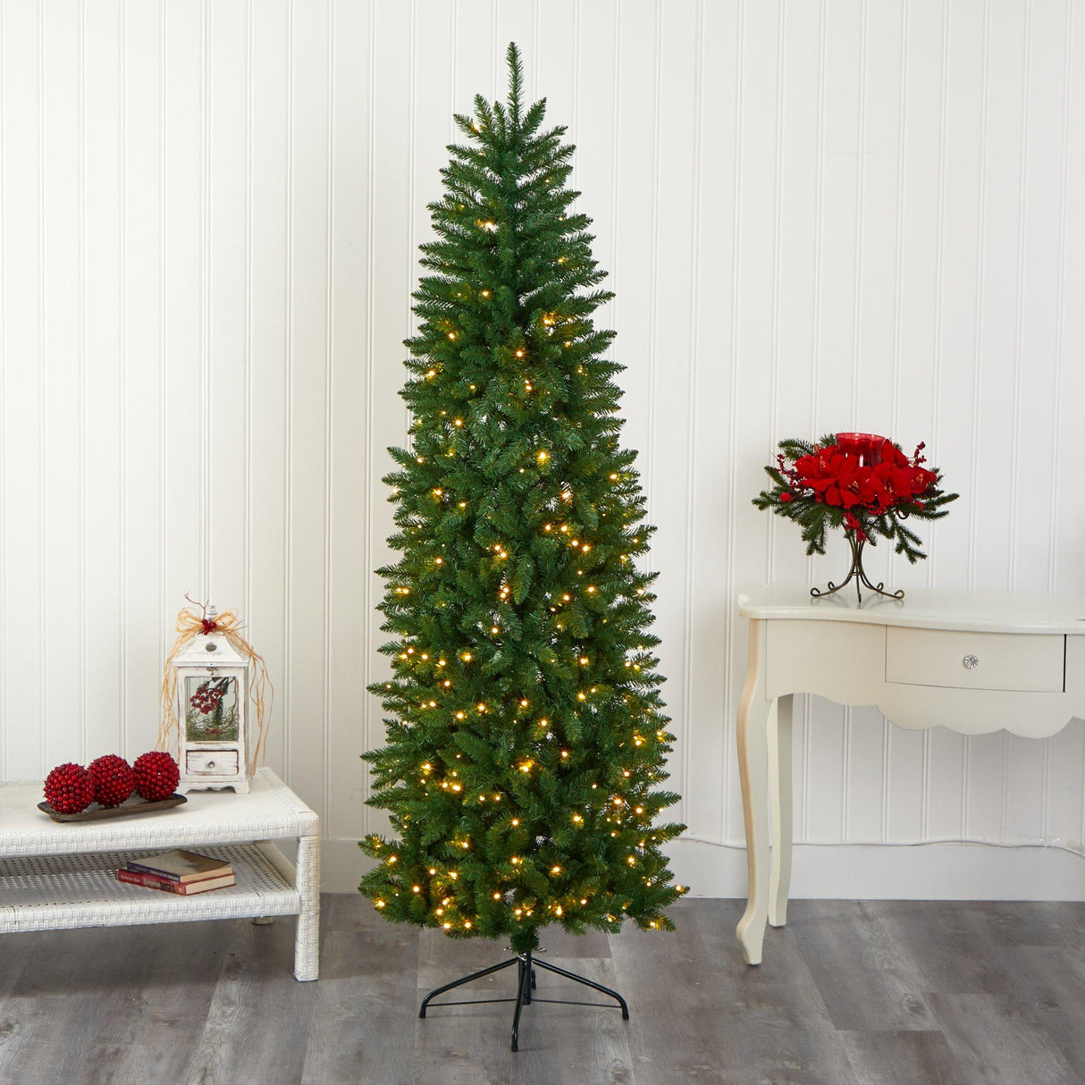 7’ Slim Green Mountain Pine Artificial Christmas Tree with 300 Clear LED Lights-Christmas Tree-Parc Decor