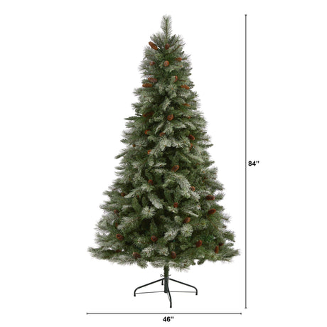 7’ Snowed French Alps Mountain Pine Artificial Christmas Tree with 833 Bendable Branches and Pine Cones-Christmas Tree-Parc Decor