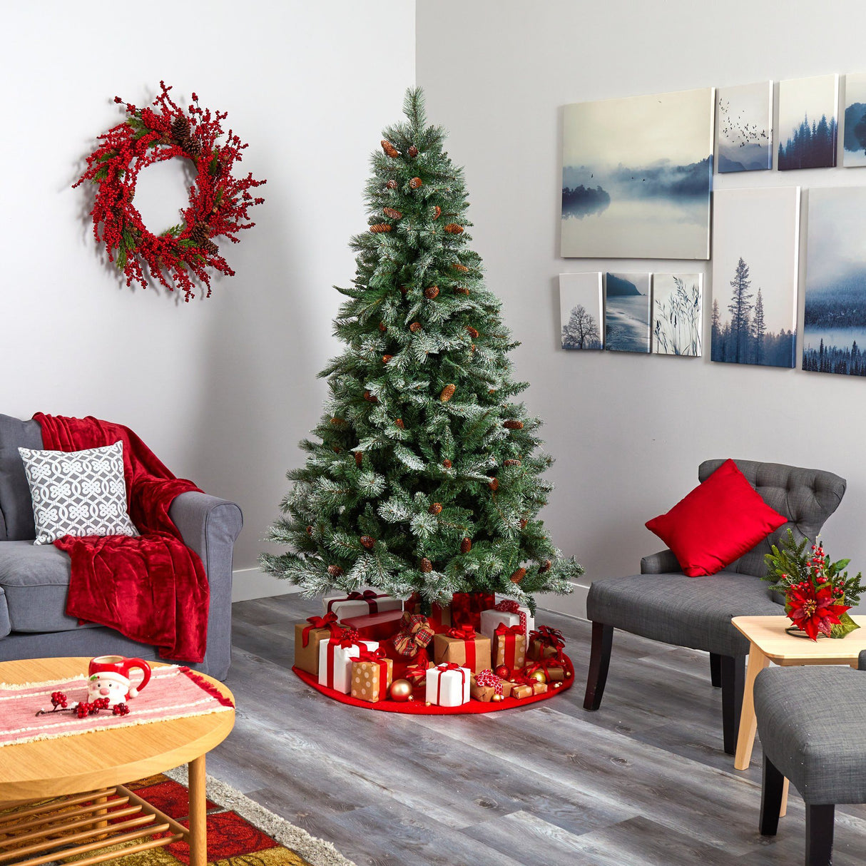 7’ Snowed French Alps Mountain Pine Artificial Christmas Tree with 833 Bendable Branches and Pine Cones-Christmas Tree-Parc Decor