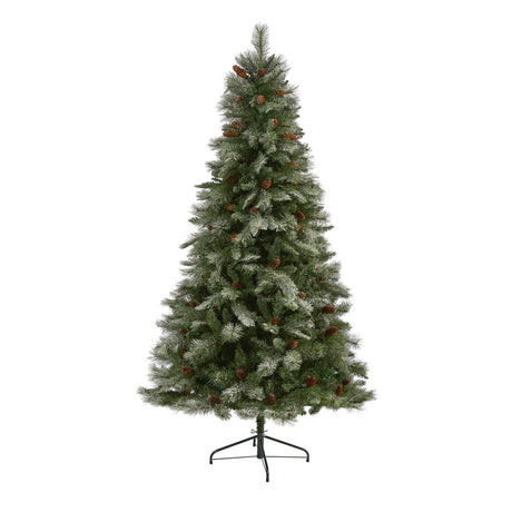 7’ Snowed French Alps Mountain Pine Artificial Christmas Tree with 833 Bendable Branches and Pine Cones-Christmas Tree-Parc Decor