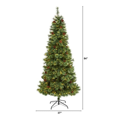 7’ White Mountain Pine Artificial Christmas Tree with 400 Clear LED Lights and Pine Cones-Christmas Tree-Parc Decor