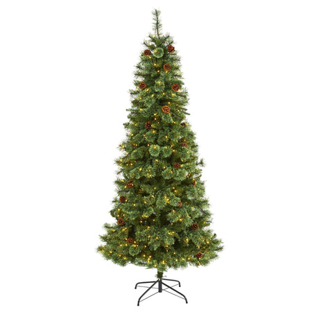 7’ White Mountain Pine Artificial Christmas Tree with 400 Clear LED Lights and Pine Cones-Christmas Tree-Parc Decor