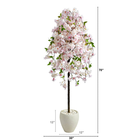 70” Cherry Blossom Artificial Tree in White Planter-Parc Decor