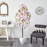 70” Cherry Blossom Artificial Tree in White Planter-Parc Decor