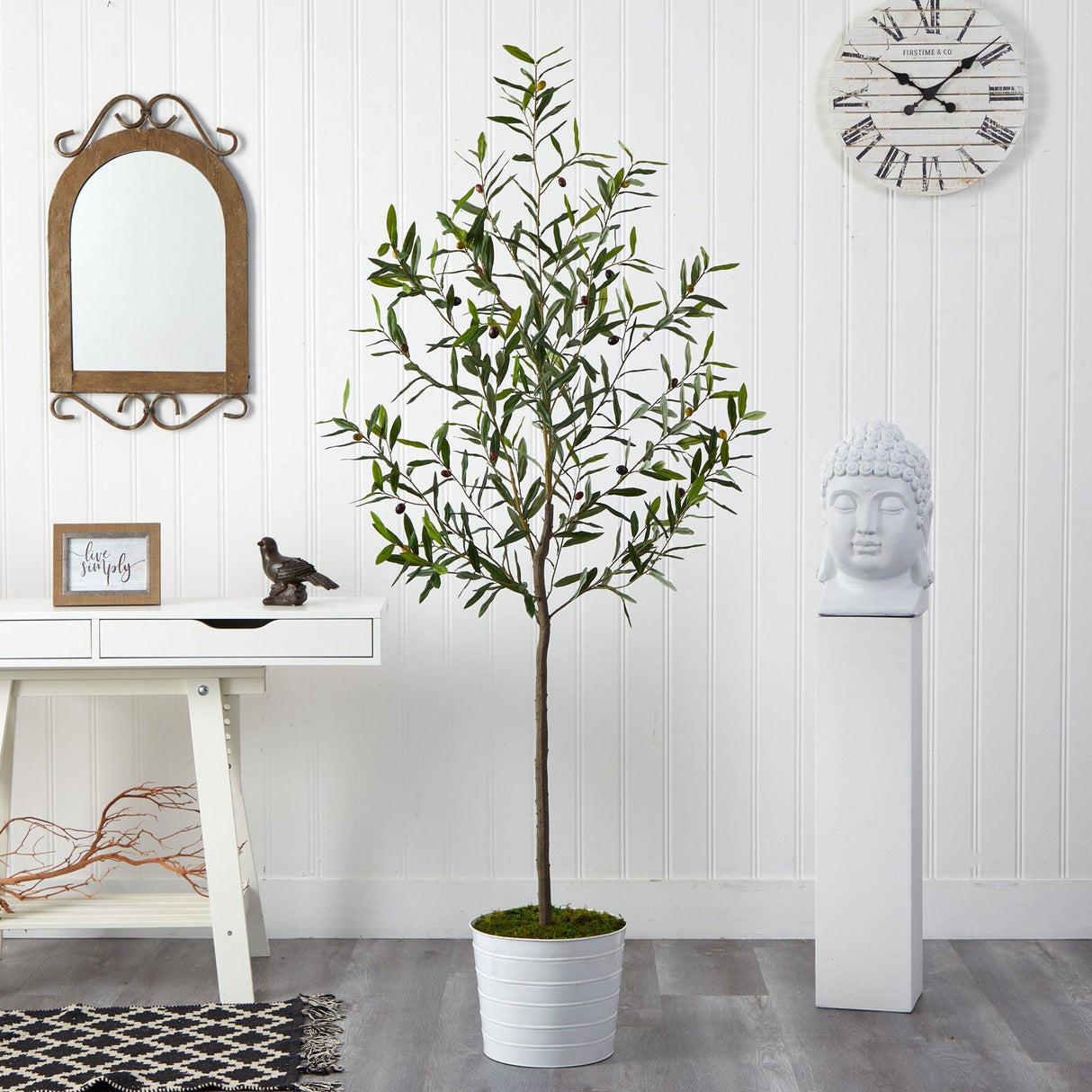 70” Olive Artificial Tree in White Tin Planter-Parc Decor