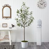 70” Olive Artificial Tree in White Tin Planter-Parc Decor