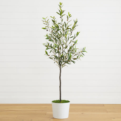 70” Olive Artificial Tree in White Tin Planter-Parc Decor