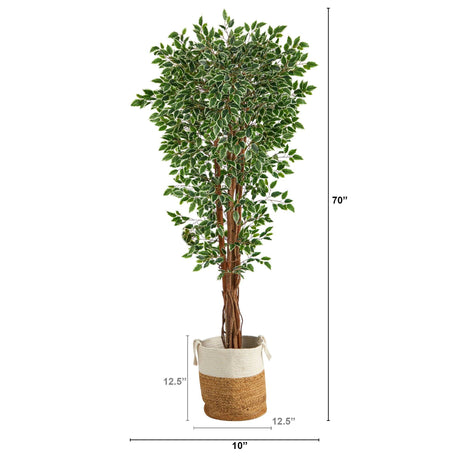 70” Variegated Ficus Tree in Handmade Jute and Cotton Planter UV Resistant (Indoor/Outdoor)-Parc Decor