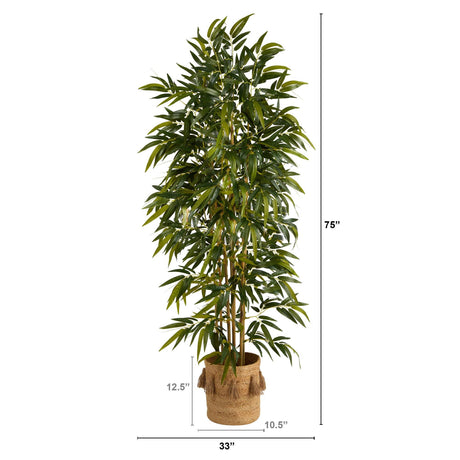 75” Bamboo Artificial Tree in Handmade Natural Jute Planter with Tassels-Parc Decor