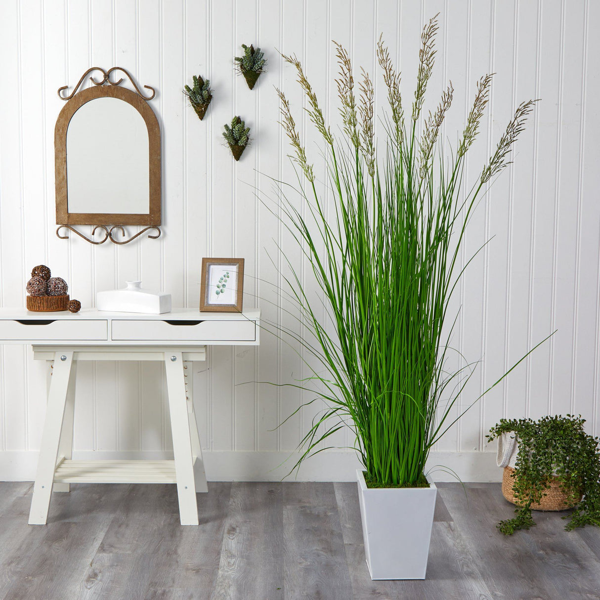 75” Grass Artificial Plant in White Metal Planter-Parc Decor