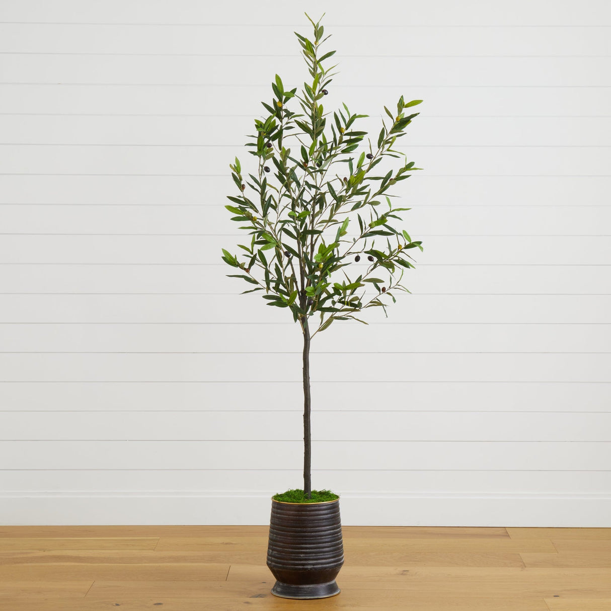 75” Olive Artificial Tree in Ribbed Metal Planter-Parc Decor