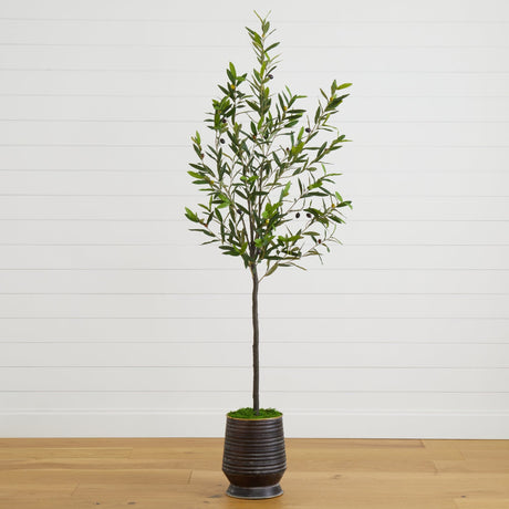 75” Olive Artificial Tree in Ribbed Metal Planter-Parc Decor