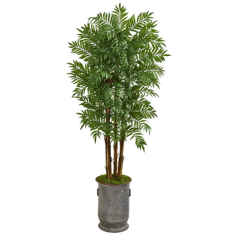 76” Parlour Artificial Palm Tree in Copper Trimmed Metal Planter-Parc Decor