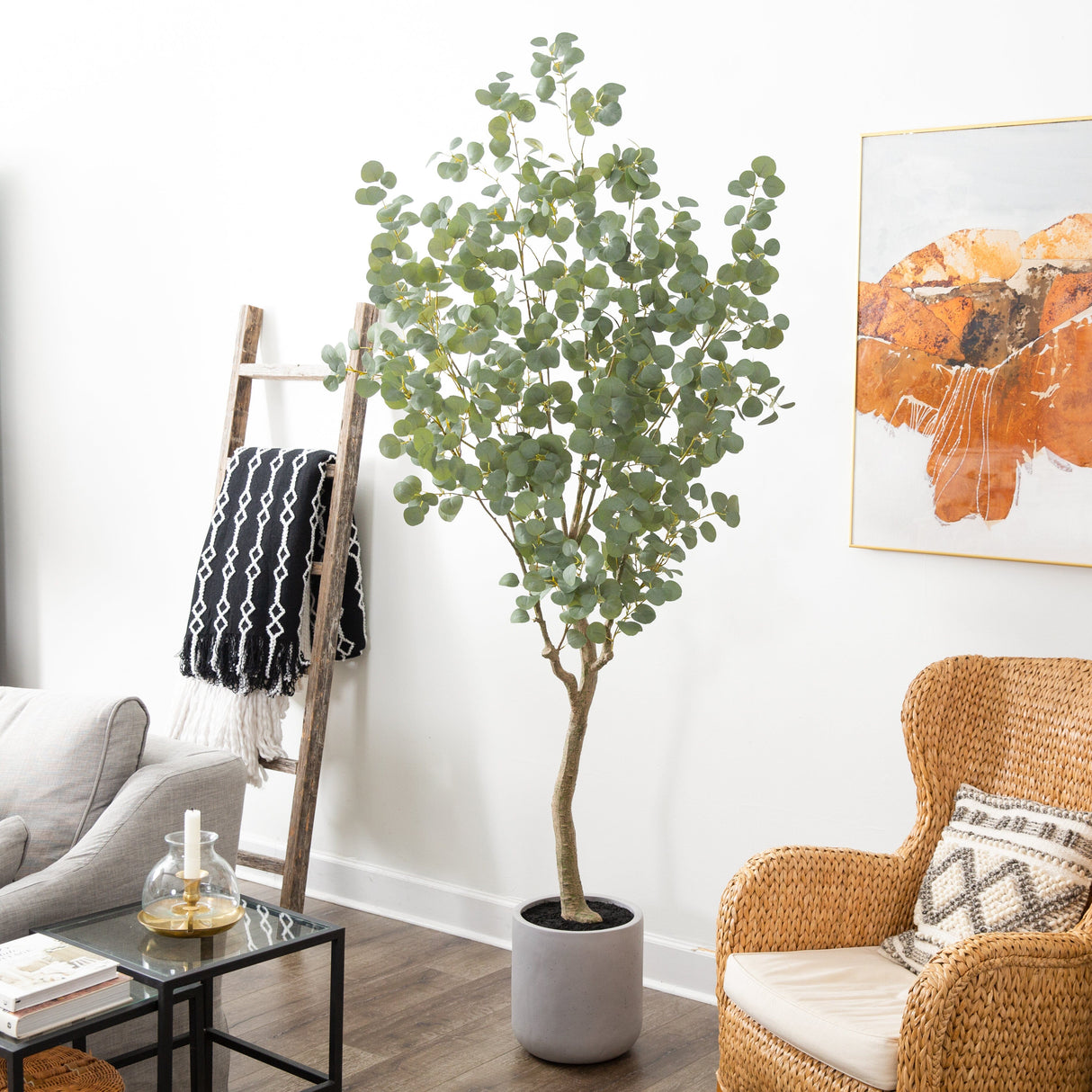 7.5’ Artificial Greco Eucalyptus Tree with Resin Stone Planter-Parc Decor