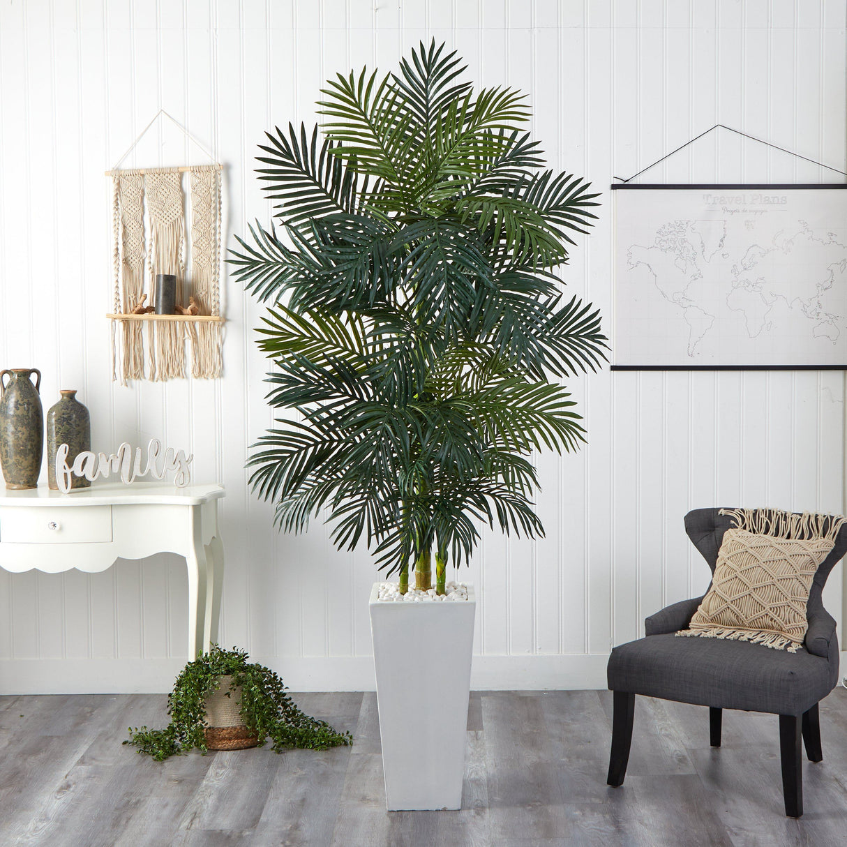 7.5' Golden Cane Palm Artificial Tree in White Tower Planter-Parc Decor