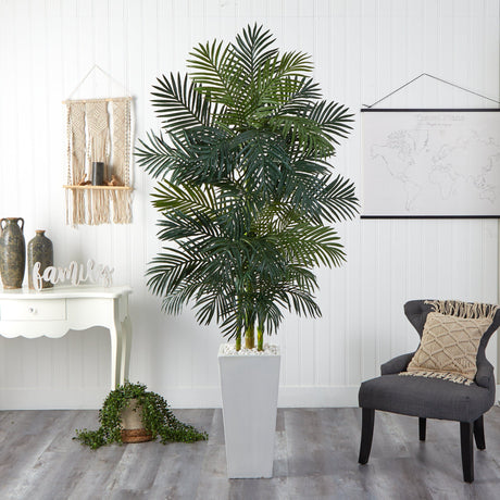 7.5' Golden Cane Palm Artificial Tree in White Tower Planter-Parc Decor