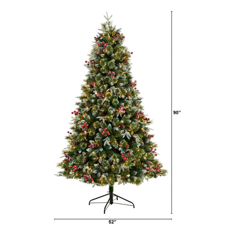 7.5' Snow Tipped Aspen Spruce Pre-Lit Tree with 450 LED lights, Berries and Pinecones-Parc Decor