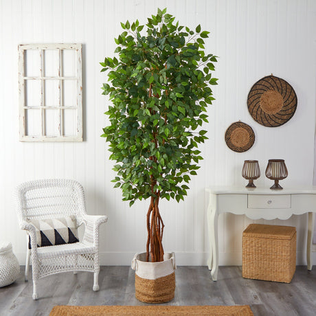7.5' Artificial Deluxe Ficus Tree with Handmade Jute & Cotton Basket-Plant in Planter-Parc Decor