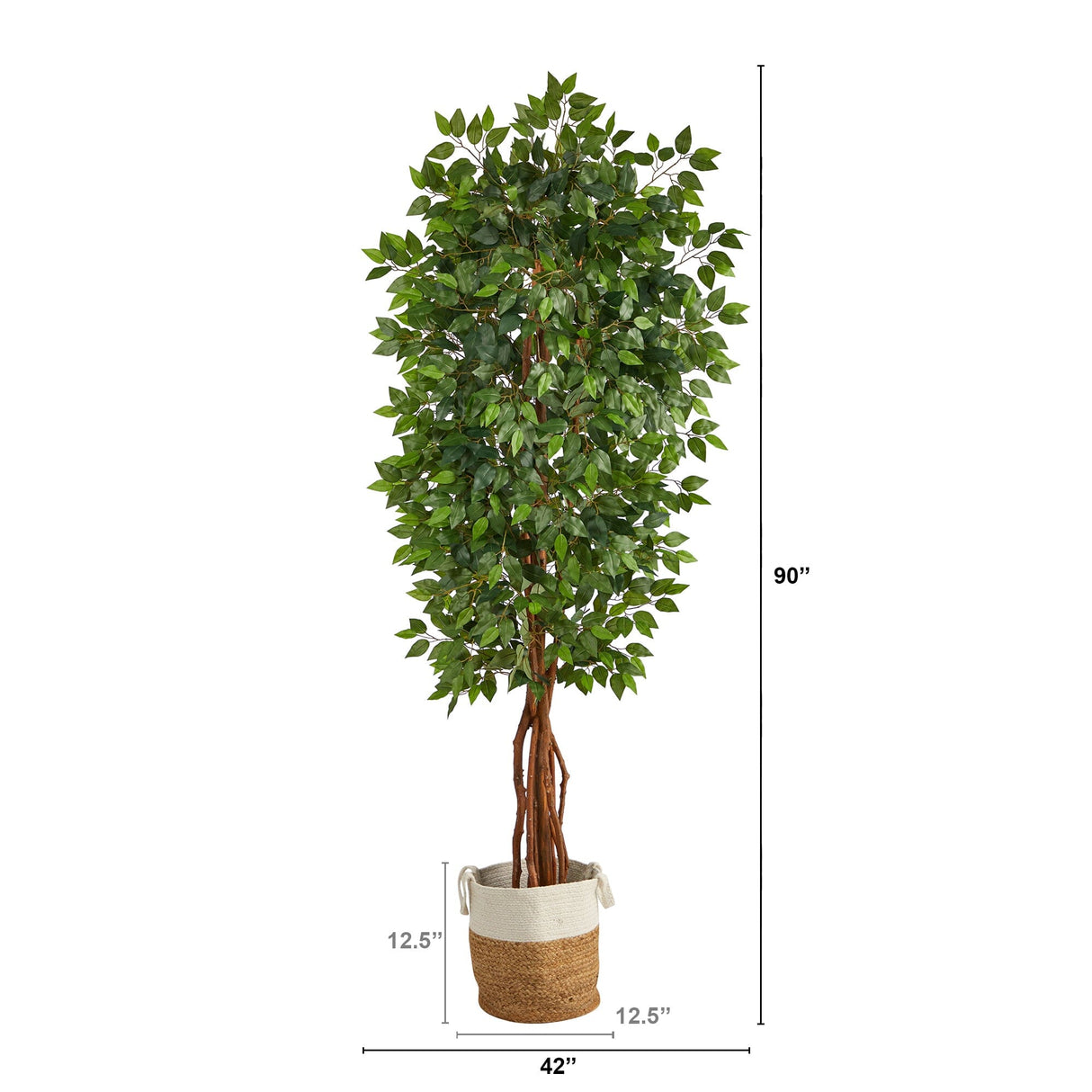 7.5' Artificial Deluxe Ficus Tree with Handmade Jute & Cotton Basket-Plant in Planter-Parc Decor