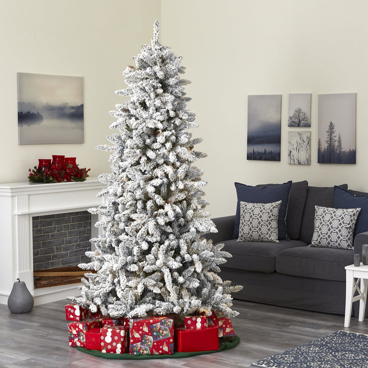 7.5’ Flocked Livingston Fir Artificial Christmas Tree with Pine Cones and 1336 Bendable Branches-Christmas Tree-Parc Decor