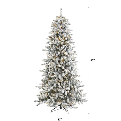 7.5’ Flocked Livingston Fir Artificial Christmas Tree with Pine Cones and 500 Warm LED Lights-Christmas Tree-Parc Decor