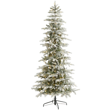 7.5’ Slim Flocked Nova Scotia Spruce Artificial Christmas Tree with 450 Warm White LED Lights and 909 Bendable Branches-Christmas Tree-Parc Decor