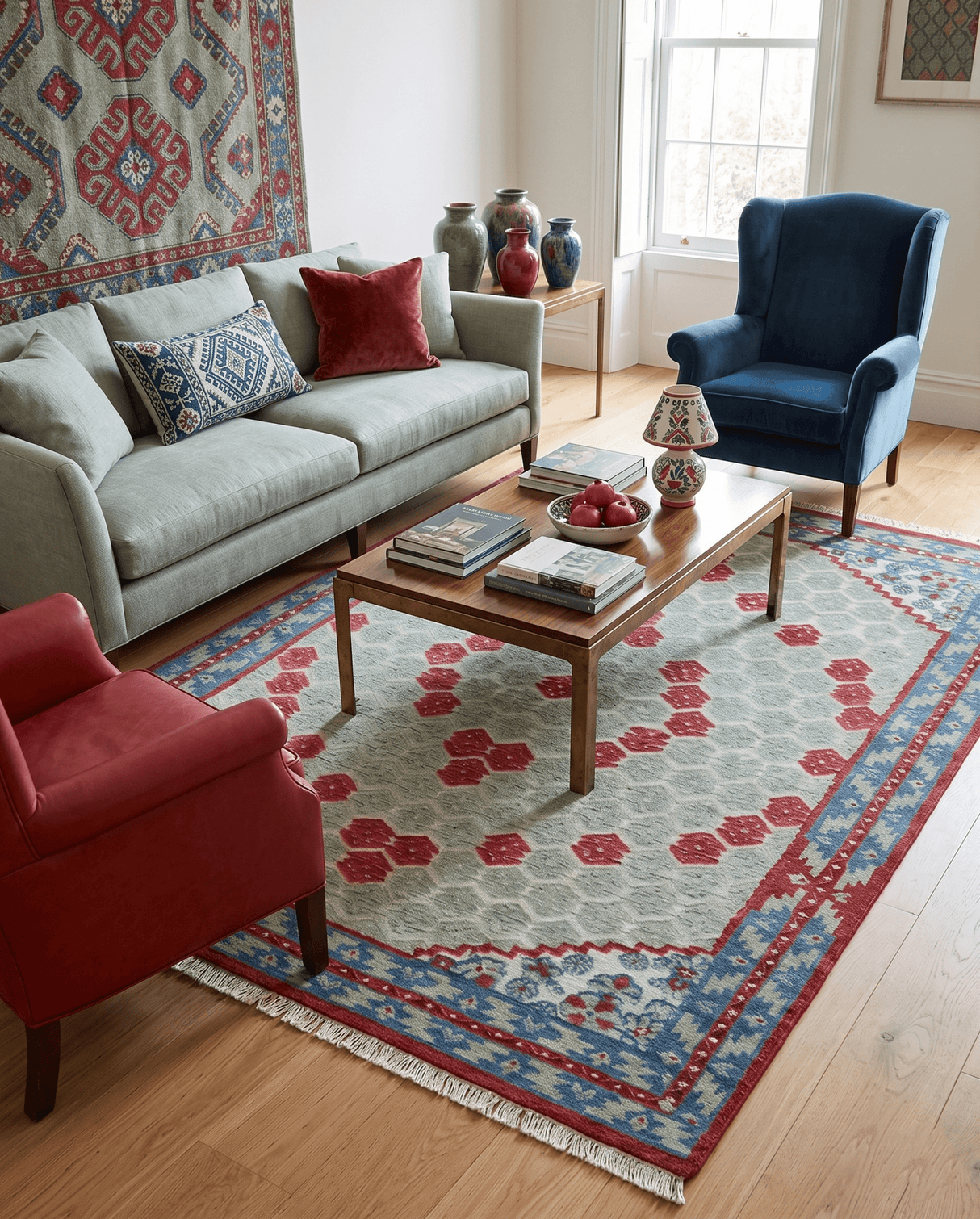 7x10 Hand Knotted Gray, Red and Blue Traditional Wool Rug