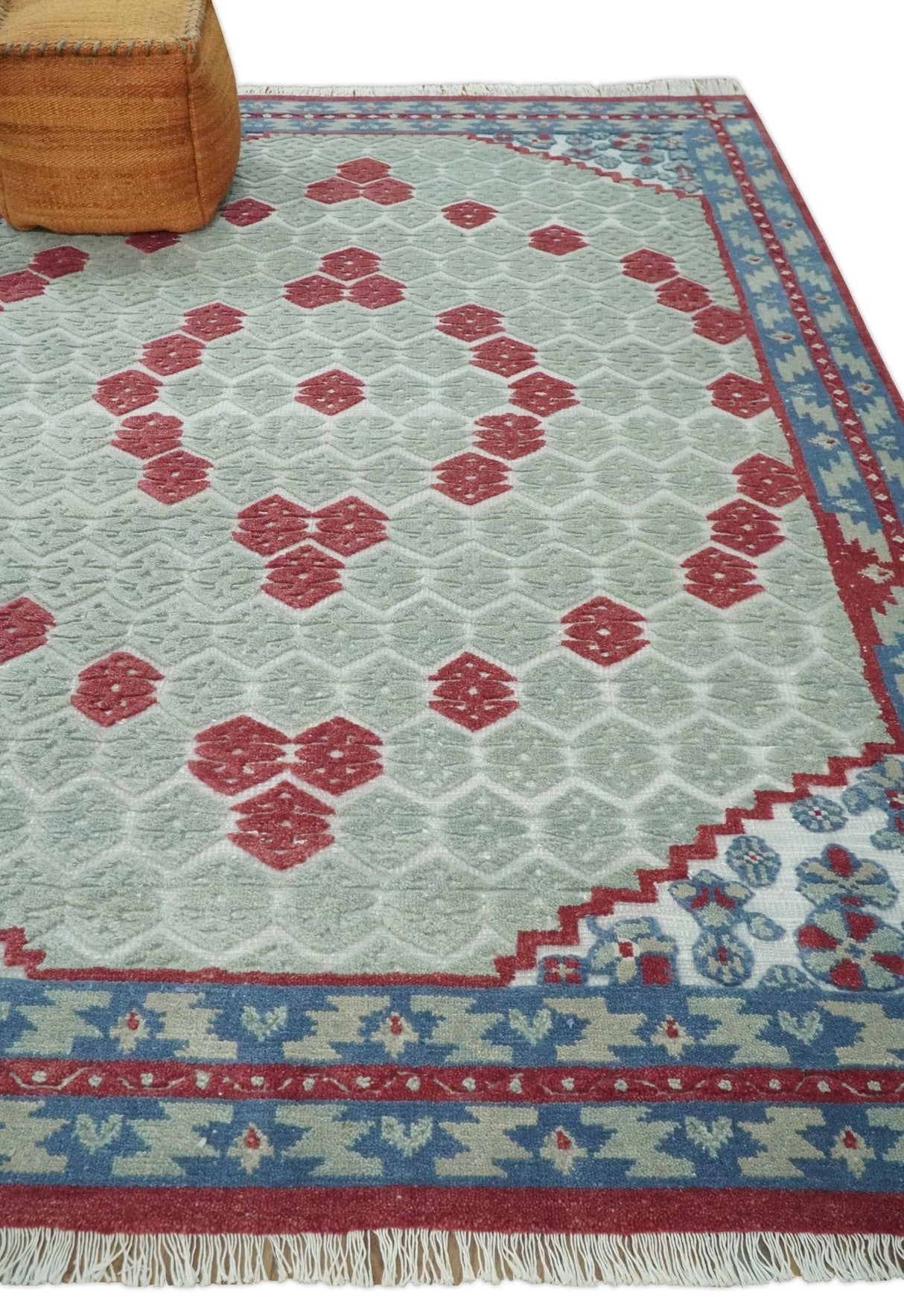 7x10 Hand Knotted Gray, Red and Blue Traditional Wool Rug