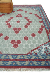 7x10 Hand Knotted Gray, Red and Blue Traditional Wool Rug
