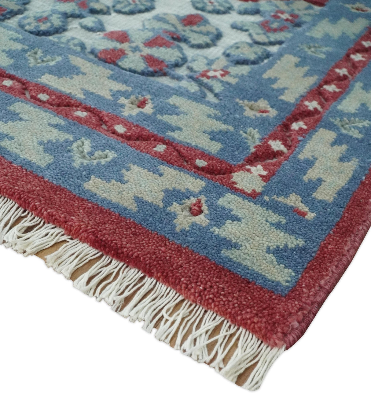 7x10 Hand Knotted Gray, Red and Blue Traditional Wool Rug