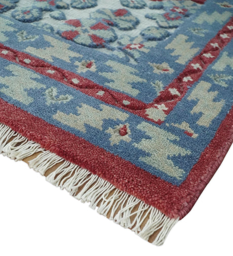 7x10 Hand Knotted Gray, Red and Blue Traditional Wool Rug