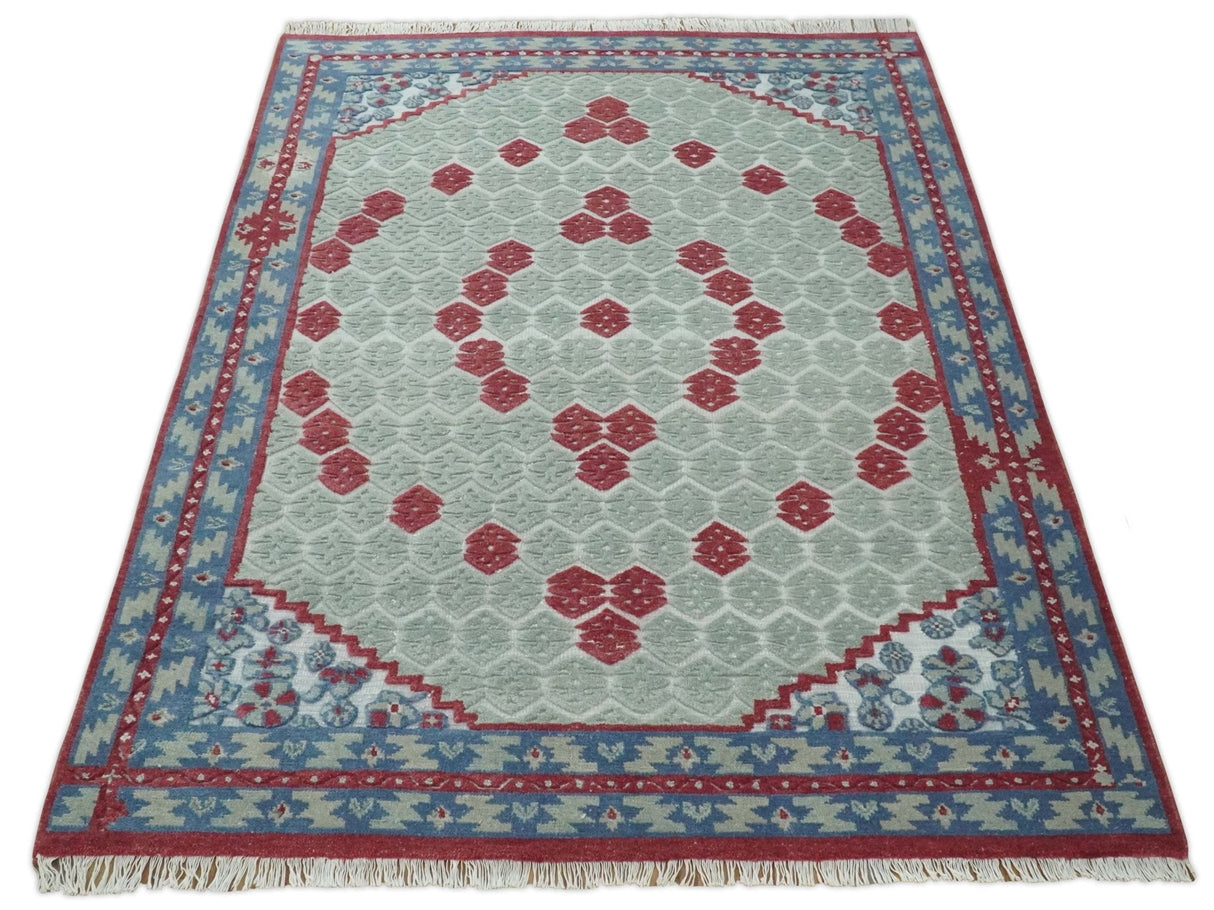 7x10 Hand Knotted Gray, Red and Blue Traditional Wool Rug