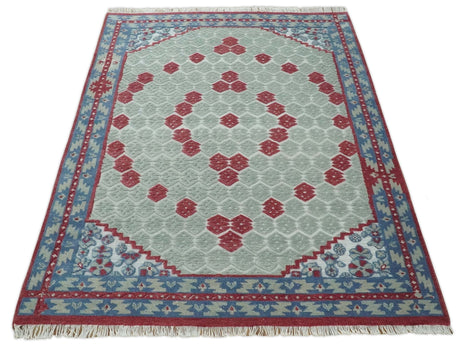 7x10 Hand Knotted Gray, Red and Blue Traditional Wool Rug