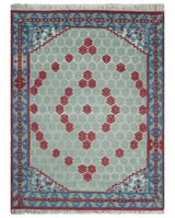 7x10 Hand Knotted Gray, Red and Blue Traditional Wool Rug