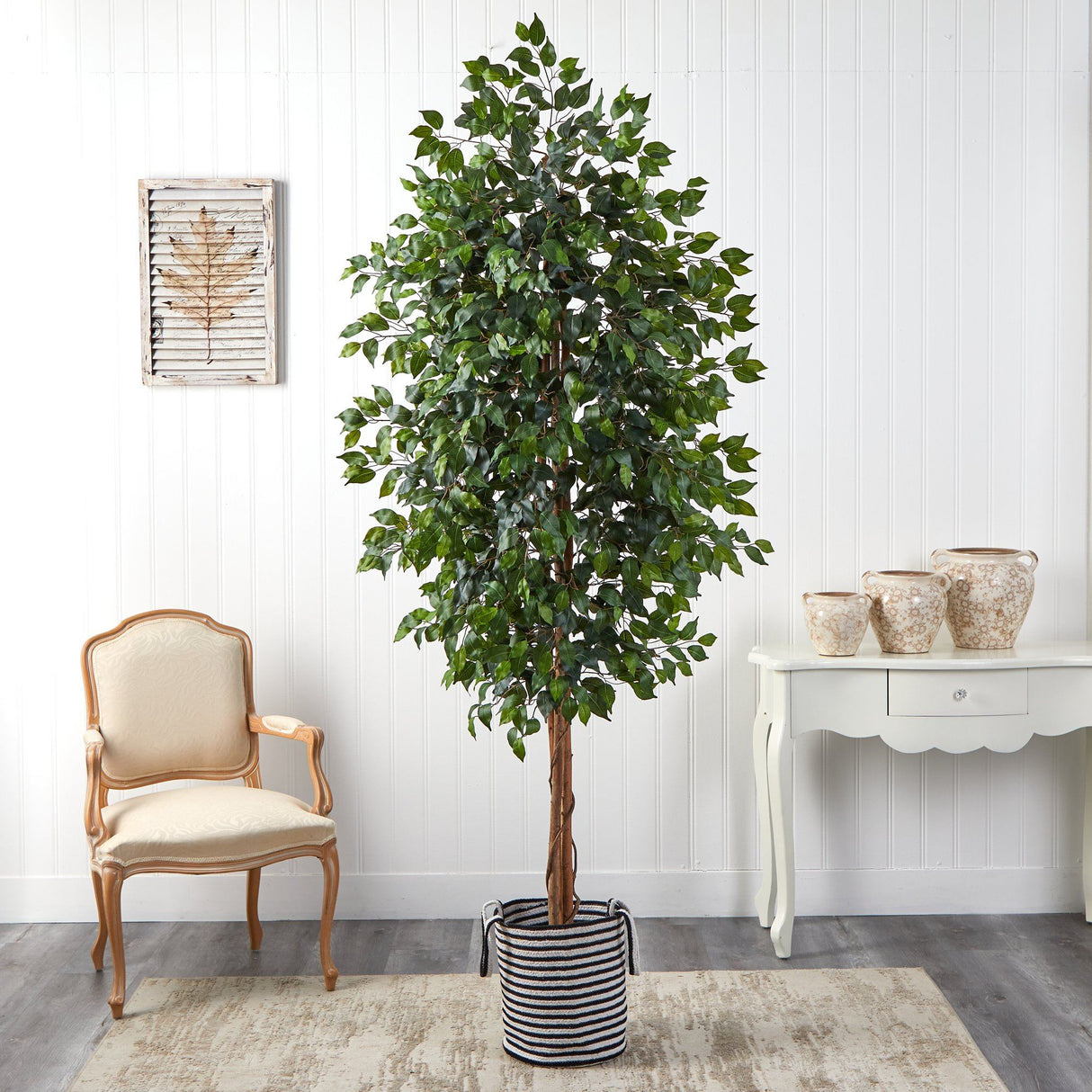 8’ Ficus Artificial Tree in Handmade Black and White Natural Jute and Cotton Planter-Parc Decor