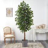 8’ Ficus Artificial Tree in Handmade Black and White Natural Jute and Cotton Planter-Parc Decor