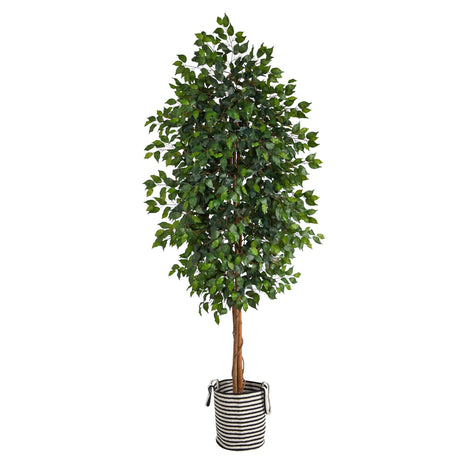 8’ Ficus Artificial Tree in Handmade Black and White Natural Jute and Cotton Planter-Parc Decor