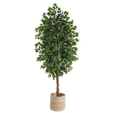 8’ Ficus Artificial Tree with Handmade Natural Cotton Multicolored Woven Planter-Parc Decor