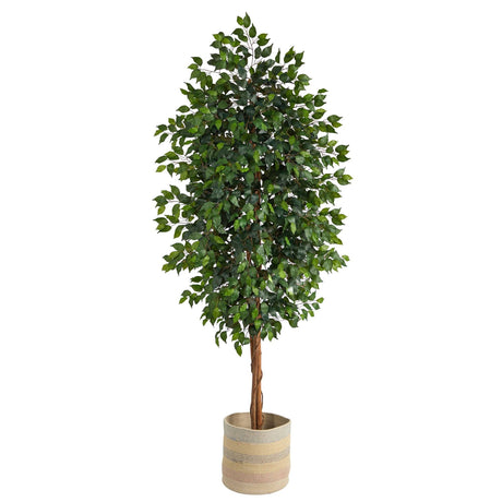 8’ Ficus Artificial Tree with Handmade Natural Cotton Multicolored Woven Planter-Parc Decor