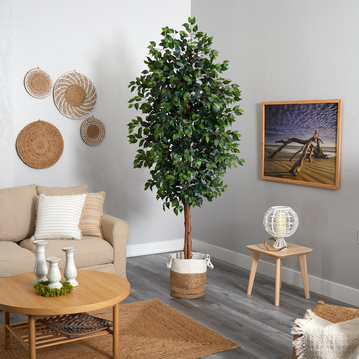 8’ Ficus Artificial Tree with Handmade Natural Jute and Cotton Planter-Parc Decor