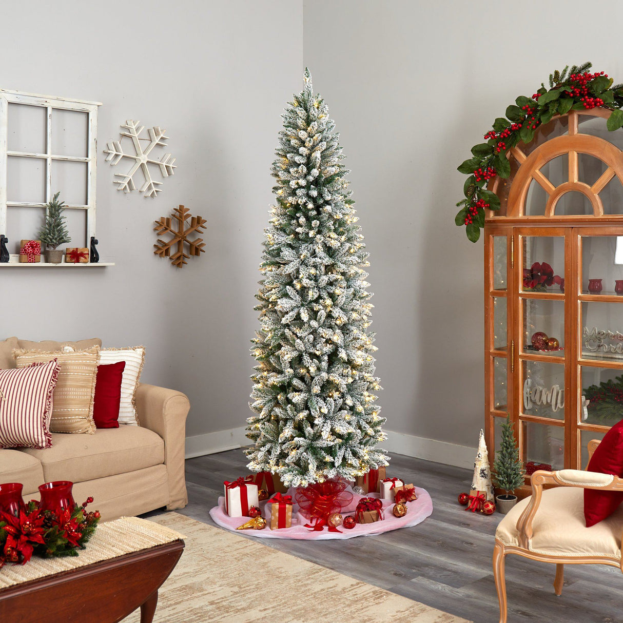 8’ Slim Flocked Montreal Fir Artificial Christmas Tree-Parc Decor