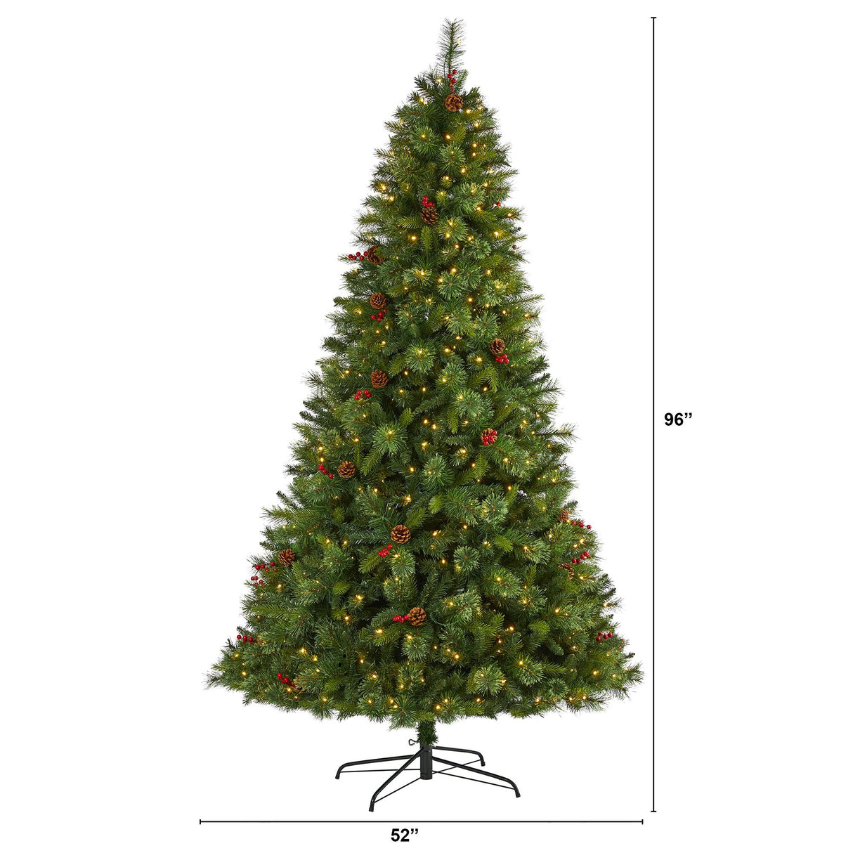 8’ Aberdeen Spruce Artificial Christmas Tree with 500 Clear LED Lights, Pine Cones and Red Berries-Christmas Tree-Parc Decor