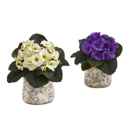 8” African Violet Artificial Plant in Floral Design Vase (Set of 2)-Arrangement-Parc Decor